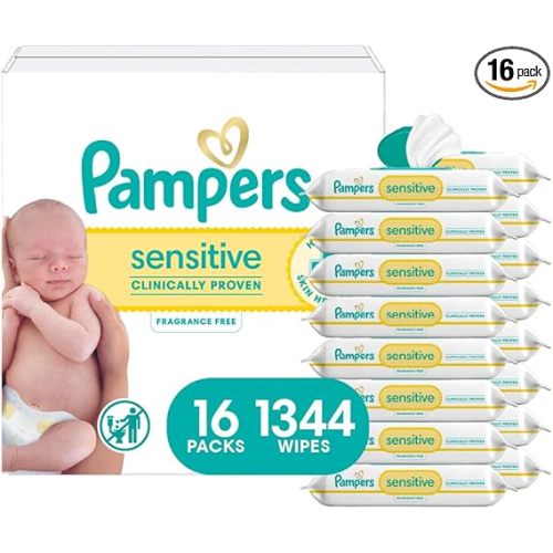 Pampers Baby Wipes, Sensitive, Water Based Wipe, Clinically Proven, Hypoallergenic, and Unscented for Babies, 1344 Wipes Total (16 Flip-Top Packs) [Packaging May Vary]