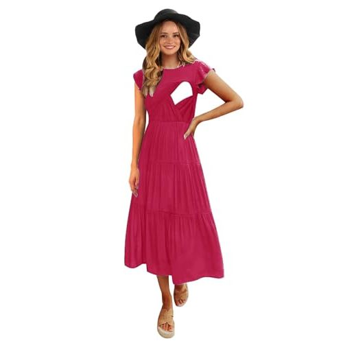 CzzzyL Womens Flutter Short Sleeve Smocked Tiered Nursing Dress for Breastfeeding