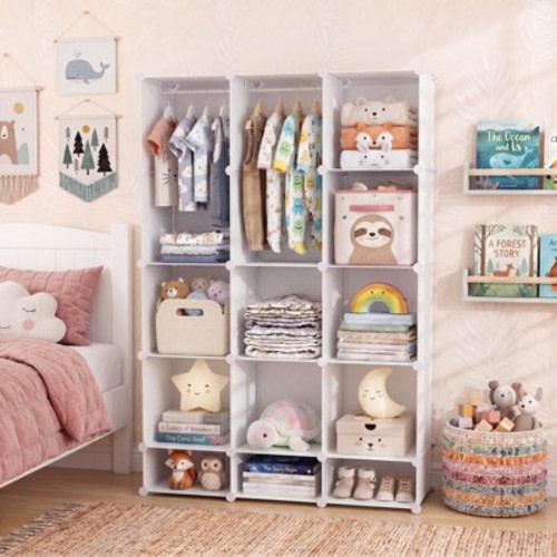 Costway 13-Cube Modular Baby Wardrobe Closet with Hanging Rods & Open Shelves for Clothes White
