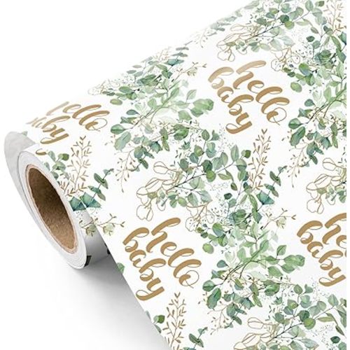 WRAPAHOLIC Neutral Baby Shower Wrapping Paper - Mini Roll - 17 Inch x 16.5 Feet - Hello Baby Eucalyptus Sage Green Wrapping Paper for Baby Shower, Baptism Gift Wrap, Kids Birthday
