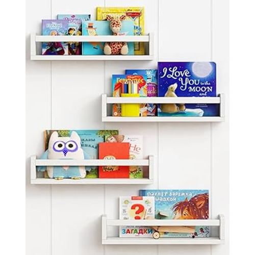 Forbena Floating Nursery Book Shelves for Wall Set of 4, White Wall Bookshelf for Kids Room, Small Wood Book Shelf Bookshelves for Baby Teen Boys Girls Bedoom Bathroom Toy and Decor Storage