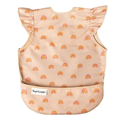 Tiny Twinkle Mess-Proof and Waterproof Baby Bib/Apron with Ruffled Shoulder, Machine Washable and BPA-Free (Boho Rainbow, Small 6-24 Months)