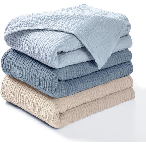 Dreamology Muslin Swaddle Blankets Boy,Girl,100% Cotton Swaddle Blankets,3 Pack,Receiving Blanket for Unisex, Soft, Breathable Swaddle Blanket,Large 44 x 44 inch Cotton Blanket | Blue,Light Blue,Ecru