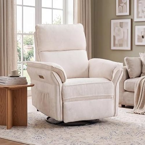 Swivel Rocker Recliner with Auto Rocking,Power Recliner Nursery Chair with Massage and Heat,Glider Recliner Nursery Chair for Living Room,White