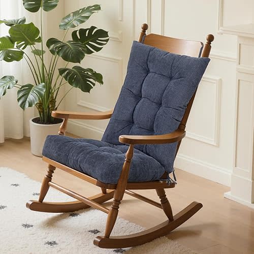 Rocking Chair Cushion with Seat/Back Cushion for Indoor Rocker, Pain Relief & Non-Slip Glider Rocker Replacement Cushion with Tie,Tufted Chair Pads for Adults, Elderly (Indigo Blue, 21*17/17*17)