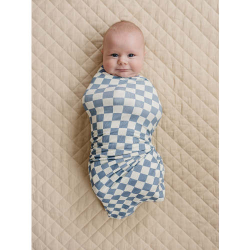 Blue Checkered Ribbed Bamboo Stretch Swaddle