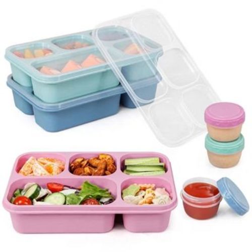 3-Pack 5-Compartment Bento Lunch Containers with 3 Sauce Cups, Large 1300ml Wheat Straw Meal Prep Boxes, Microwave & Dishwasher Safe