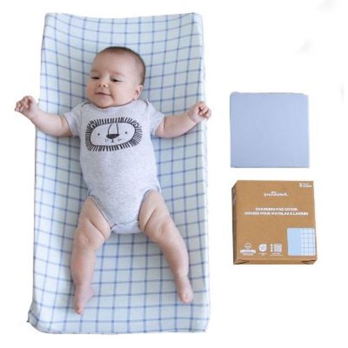 The Peanutshell Blue Windowpane, Solid Organic Cotton Changing Pad Covers for Baby Boys, 2 Pack