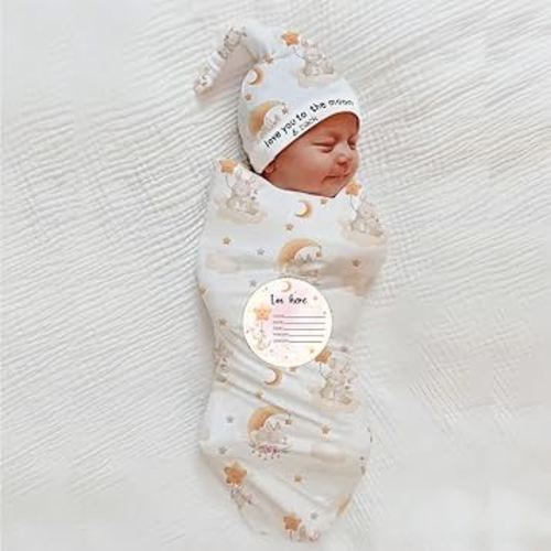 Ylsteed Baby Swaddle Blanket and Headband Set, Newborn Receiving Blanket Swaddle Wrap for Girls and Boys, Swaddling Blankets Neutral for Newborn, Soft and Skin-Friendly 32 * 32 inches (Rabbit Moon)