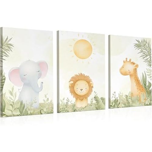 KEMINA BLANKETS Safari Nursery Wall Art Set of 3 – 12×16 Inch Neutral Animal Canvas Prints (Elephant, Lion, Giraffe), Printed from Original Hand-Illustrated Artwork, Ready-to-Hang Baby Room Decor