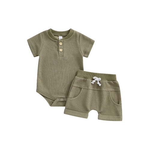 Hirigin Newborn Baby Boy Waffle Outfit Set Button Short Sleeve Romper Bodysuit Shorts 0 3 6 9 12 Months Soft Summer Clothes Set