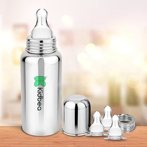 Stainless Steel Infant Baby Feeding Bottle, BPA Free, Anti-Colic, Plastic-Free, Medium-Flow (Steel Bottle with Extra Nipples)