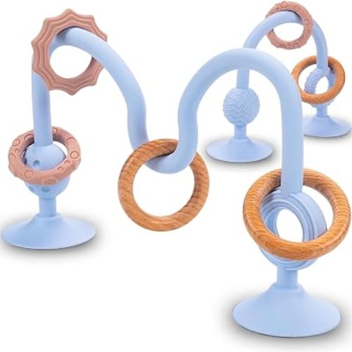 High Chair Suction Toy for High Chair Trays, Baby Suction Cup Toy with Large Suction Base, Food Grade Silicone and Wooden Rings, Sensory Toy 6-12 Months