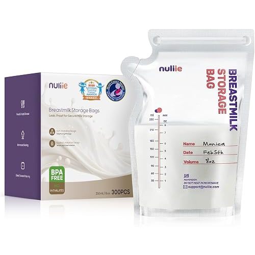 Nuliie 300 Pcs Breastmilk Storage Bags Freezer, 8 OZ Breast Milk Storing Bags, BPA-Free, Milk Storage Bags with Pour Spout for Breastfeeding, Self-Standing Bag, Space Saving Flat Profile