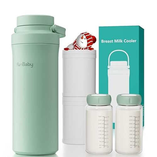22oz Portable Breast Milk Cooler, Game-changer with 360° Total Cooling Gel Ice Pack for 30 Hours, Baby Travel Breastfeeding Essential Chiller with 2pcs Bottles for Breastmilk Storage (Green)