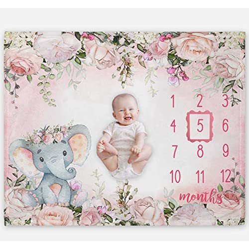 Yuzioey Baby Girl Monthly Milestone Blanket, Floral Elephant Month Blanket for Newborn Baby Shower, Pink Elephant Girl Flower Blanket Growth Chart Monthly Blanket, Includes Marker (50x40)