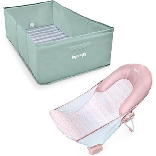 Ingenuity Tuckaway Toddler Folding Tub & Foldaway 2-Position Baby Bath Seat, Portable Bathtub for Travel, Adjustable Support for Sink or Shower, Easy to Clean, Ages 0-5 Years