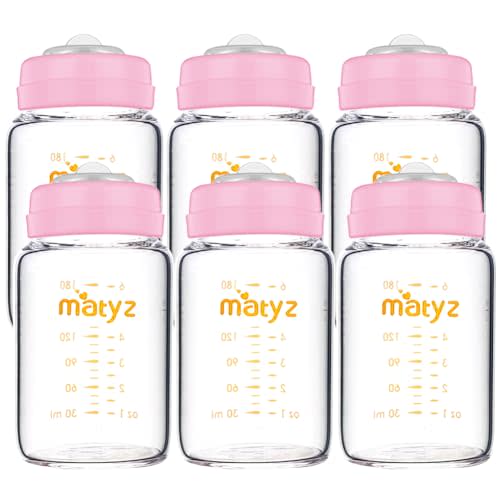 Matyz Glass Breastmilk Storage Containers, 6 Pack, 6 oz Bottle, Compatible with Spectra Medela Philips Pump - Freezer Safe Storage Bottles Set - Leakproof Glass Baby Bottles - No BPA (Pink Lids)