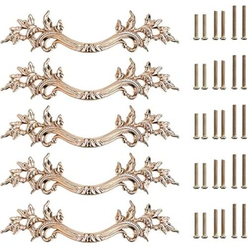 JUXYES Pack of 5 European Style Vintage Cabinet Handles Pulls, Antique Decorative Dresser Drawer Pulls Retro Drawer Pull Handles Knobs for Cupboard Cabinet (Golden)