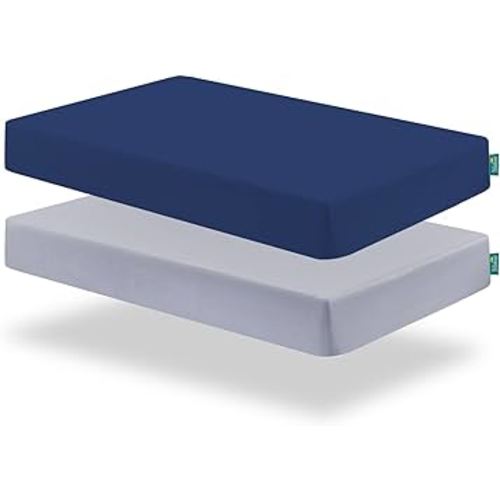 Biloban Pack and Play Sheets Fitted, 2 Pack Pack and Play Sheet Fits for Graco Pack n Play Mattress, Neutral Playard Sheets for Baby Boys and Girl, Light Grey & Navy, 38”X 26”