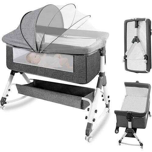 Baby Bassinet,Foldable Newborn Crib with Mosquito Net and Wanxiang Silent Wheel, Adjustable Height,Bassinet Bedside Sleeper (AB010011-1)