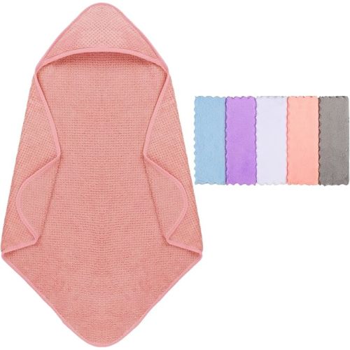 Orighty Baby Hooded Towel with Five Washcloths, 28 x 28 Inch Super Soft Bath Towel with Hood for Babies, Infant, Newborn Essential - Ideal Baby Stuff Registry for Boys and Girls (Pink)