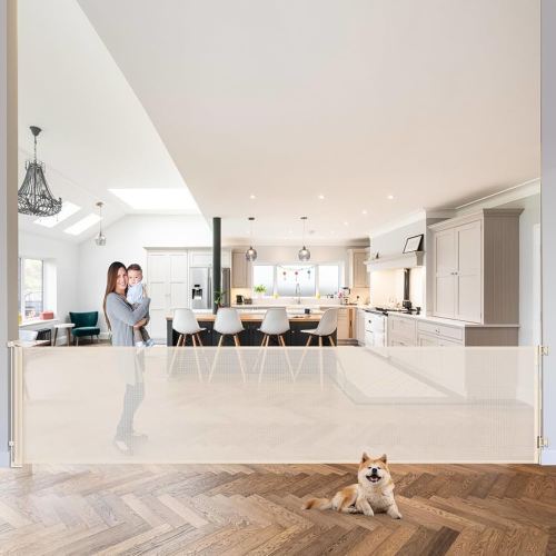 Mom's Choice Awards Winner - 120 Inch Extra Wide Baby Gate for Large Opening Retractable Baby Gate for Doorway Extra Long Puppy Gates for The House Outdoor Large Mesh Pet Gates for Dogs, Beige