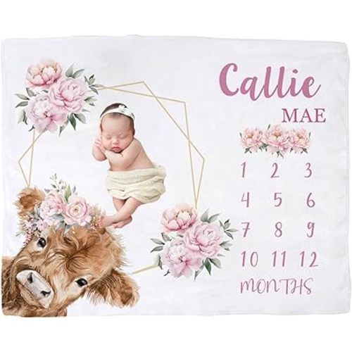 Personalized High Land Cow Baby Blanket for Girls – Custom Name Milestone Tracker, Soft Newborn Blanket & Baby Shower Keepsake Gift