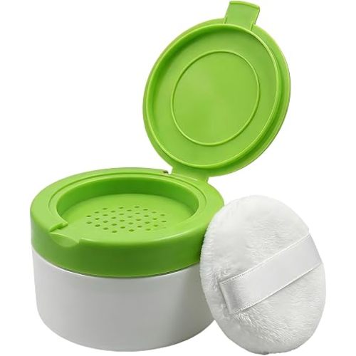 1Pcs Empty Refillable Baby Talcum Powder Box with Green Lid Sifter and Powder Puff Baby Skin Care Powder Case Loose Powder Jar Container Bottle Holder for After-Bath