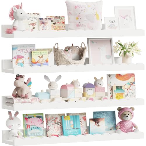 4-Pack 23.5IN Scalloped Shelves, Nursery Shelves, Floating Shelves for Wall | White Wall Shelves for Bedroom Kids, Toddler Room, Baby Room, Nursery Decor