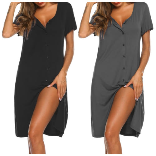 Ekouaer 2 Pack Nightgowns for Women Button Down Night Shirts Short Sleeve Sleep Shirts V Neck Sleepwear Pajama Dress