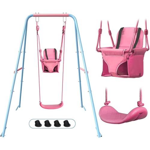 2-in-1 Toddler Swing Set with Foldable Stand, Baby Swingset with 2 Types of Anchors for Indoor & Outdoor, 1 Belt & 1 Soft Swing Seat with Safety Harness & Height Adjuster for 6 Months and Older Kids