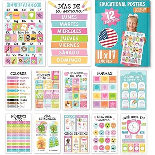 Hadley Designs Spanish Classroom Decorations - 12 Spanish Posters for Classroom Elementary, Abecedario para Niños en Español, Laminated Pastel Bilingual Educational Posters 11x17