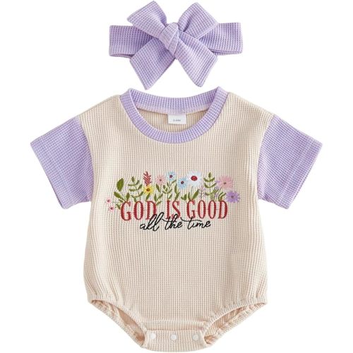Baby Girl Christian Clothes God is Good Embroidery Bubble Romper Waffle Short Sleeve T-Shirt Bodysuit Summer Outfits