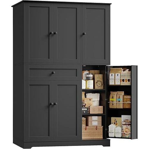HOSTACK 68" Tall Kitchen Pantry Storage Cabinet, Modern Kitchen Hutch Cabinet with Doors and Shelves, Freestanding Food Pantry with Large Storage Drawer for Dining Room, Living Room, Black