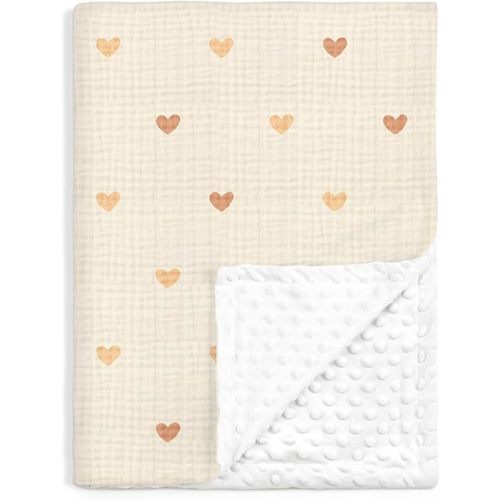 Heart Baby Blankets for Girls, Soft Nursery Minky Blankets with Muslin and Dotted Fleece Back 30x40 inches, Receiving Bed Quilt for Newborn, Infants, Toddlers