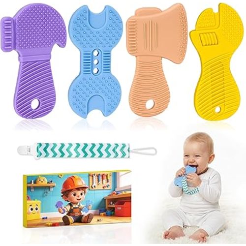 Baby Teething Toys, Teethers for Babies 3-18 Months, Teether Tools Shape Toys, Baby Teething Relief Toddlers Infant Toy with Pacifier Clip for Boys & Girls, Food Grade Silicone, BPA-Free, 4 Packs