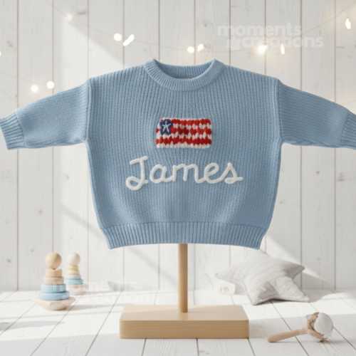 Custom Hand Embroidered USA Flag Baby Sweater Name: Personalized Knit Pullover July 4th Keepsake