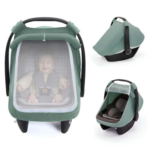 RIONIMA Baby Car Seat Cover, Breathable Muslin Cotton Infant Canopy with Extra Large Mesh Window, Windproof Stroller Carseat Shield, 3-Mode Design for Sun Protection