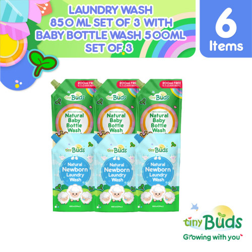 Tiny Buds Liquid Laundry 850ml set of 3 with 3 Baby Bottle Wash 600ml Refill