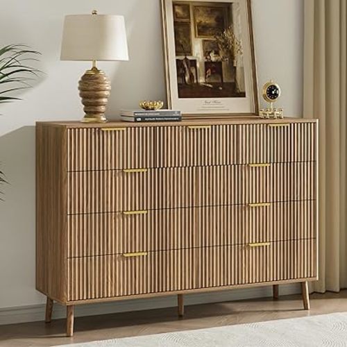 LYNSOM Fluted 9 Drawer Dresser for Bedroom, 55" Wide Modern Chest of Drawers with Curved Profile Design and Metal Handles, Wood Dresser TV Stand & Storage Organizer for Bedroom, Hallway, Walnut