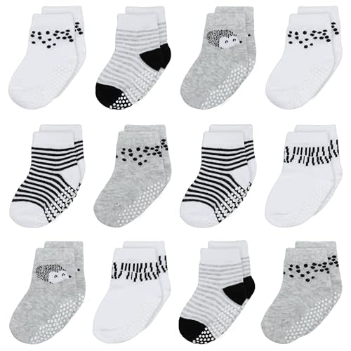 Mother's Choice Organic Cotton Baby Socks 6-12 Months - 12 pairs Unisex, Infant White Socks With Grips, Soft 12 Months Girls & Boy Sock, Play & Gap Baby Slipper Sock Girl Sock for Babies Registry