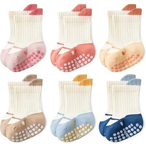 Baby Non-Slip Cotton Crew Socks 6-Pack, Soft & Breathable, Elastic Stay-Up, 6-12M to 5Y
