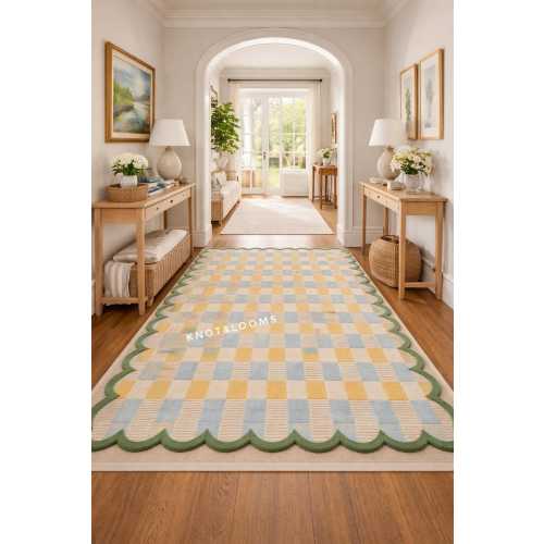 Hand Tufted Wool Rug, Scalloped Border Checkered Carpet, Modern Scandinavian Decor.