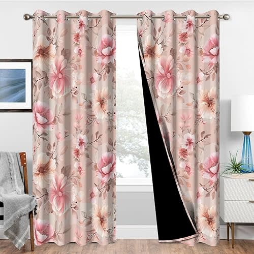 Girls Bedroom Blackout Curtains 84 Inch Length 2 Panels Set, Winter Thermal Insulated Soundproof Pink Floral Black Out Curtains for Nursery and Living Room, Vintage Pattern Grommet Darkening Drapes