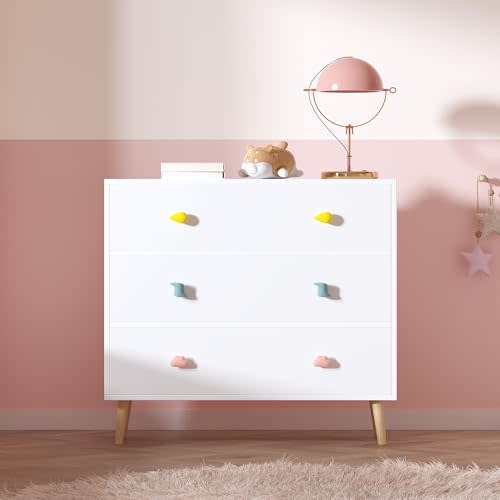 Timy Kids 3 Drawer Dresser Nightstand for Kids Bedroom Storage Cabinet for Baby Toddler Living Room Nursery Closet Apartment White