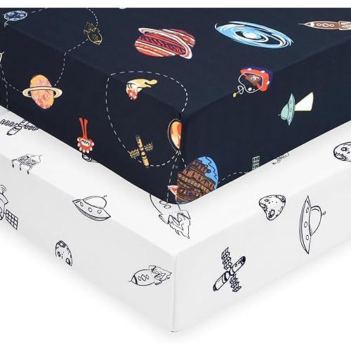 PHF Soft Space Crib Sheet Fitted, 2 Pack Silky Comfy Breathable Polyester Baby Sheets for Boys Girls,28x52x9in Fits Standard Crib and Toddler Mattresses, Space