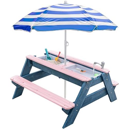 Kids 3-in-1 Sand & Water Table, Wood Outdoor Convertible Picnic Table with Umbrella, 2 Trays, Removable Top with Faucet, Picnic for Outdoor (Pink/Navy)