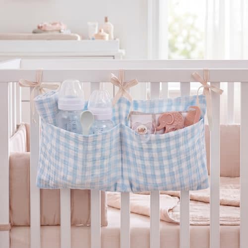 Gingham Crib Hanging Organizer Gingham Diaper Bag Organizer Playpen Organizers Hanging Cotton Crib Storage Bag for Baby Girl's Room(Blue)