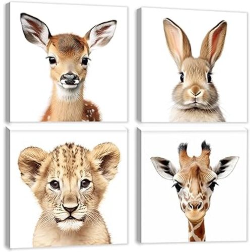 JINLUNTA Cute Animal Nursery Canvas Wall Art Decor Set of 4 Baby Animal Kids Art Prints Tiger Deer Rabbit Giraffe Pictures Artwork for Bedroom Playroom(Realistic,8x8inchx4 Pieces)